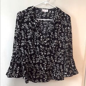 Pink Lily Floral Black and White Blouse